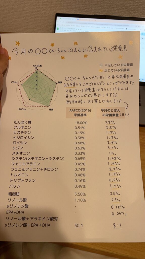 オーダーメイドの手作り療法食についてくる手書きの栄養素の説明書